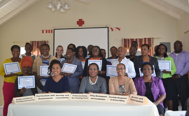 Participants in the St. Kitts and Nevis Ministry of Education’s consultation on strategies for the Education Sector Plan showing off their Certificates of Appreciation at the Red Cross Conference Room, Nevis, on March 23, 2016. Seated at the table (second from left-right) National Coordinator for the Education Sector Plan Development Dr. Neva Pemberton, Permanent Secretary in St. Kitts and Nevis Ministry of Education Mrs. Ionie Liburd-Willet, Chief Education Officer in the St. Kitts and Nevis Ministry of Education Dr. Tricia Esdaille. and Senior Assistant Secretary in St. Kitts and Nevis Ministry of Education Mrs. Eleanor Phillip